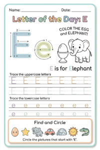 Letter E tracing worksheet for kids
