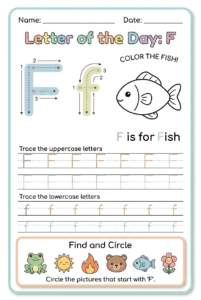 Letter F tracing worksheet for kids