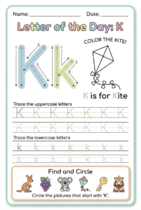 Letter K tracing worksheet for kids