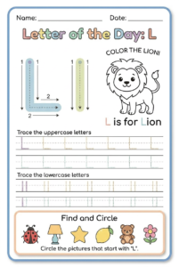 Letter L tracing worksheet for kids