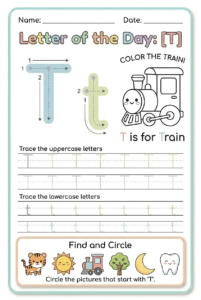 Letter T tracing worksheet for kids