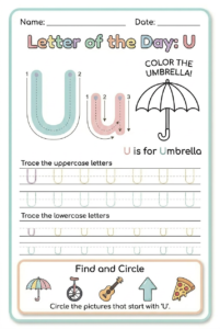 Letter U tracing worksheet for kids