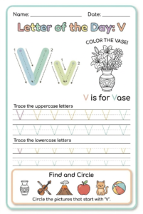 Letter V tracing worksheet for kids