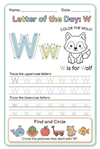 Letter W tracing worksheet for kids